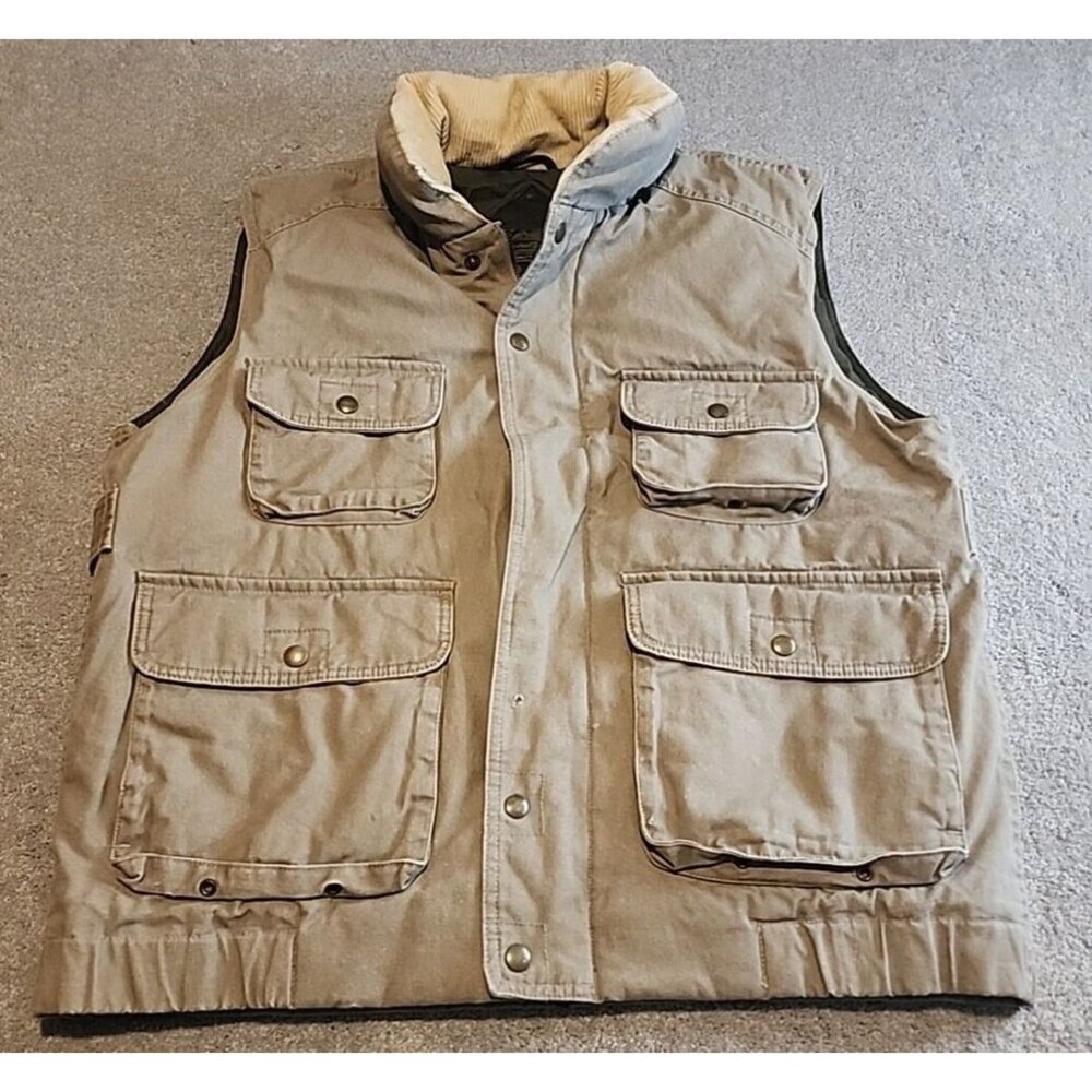 Vintage Eddie Bauer Goose Down Canvas Vest Men L Green Full Zip Utility Workwear